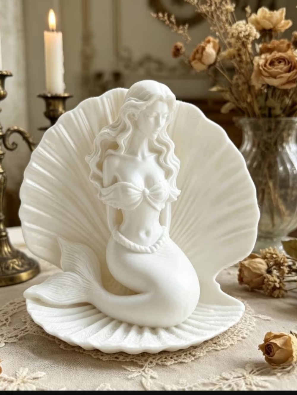 White Mermaid Shell Figurine Decorative Sculpture - Home Accents